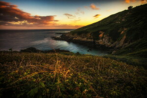 montañas, naturaleza, mar, puesta de sol