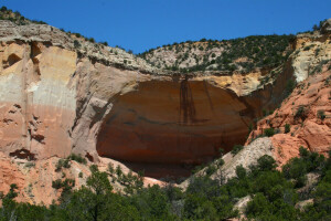 arch, cave, rocks, the bushes, the sky, trees