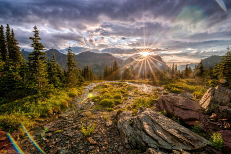 des nuages, Parc national des Glaciers, éblouissement, montagnes, Des rayons, rochers, des pierres, Le ciel