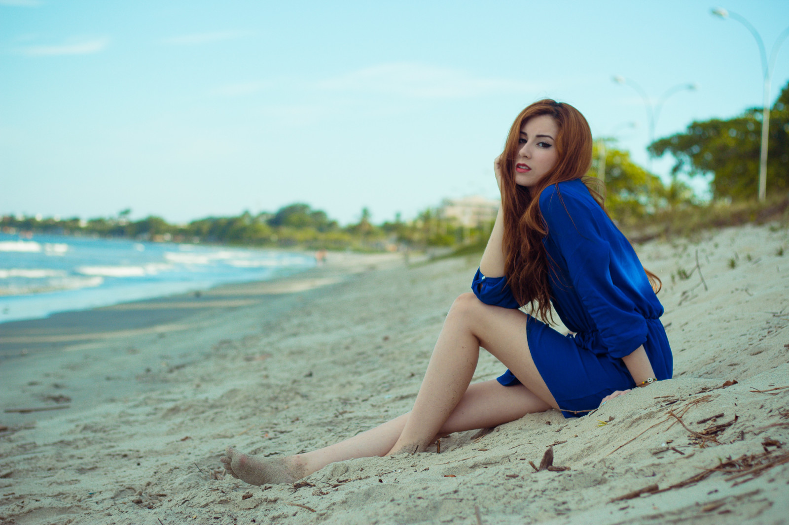 pose, séance, fille, rouge, plage, robe, le sable