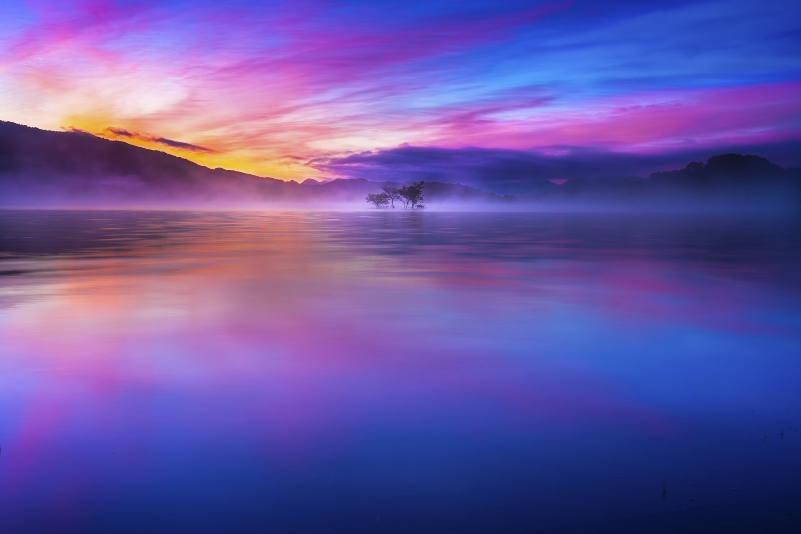 tree, wood, blue, lake, morning, Japan, water, beautiful