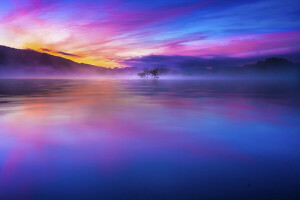 hermosa, azul, Crecer, Japón, lago, Mañana, cielo, amanecer