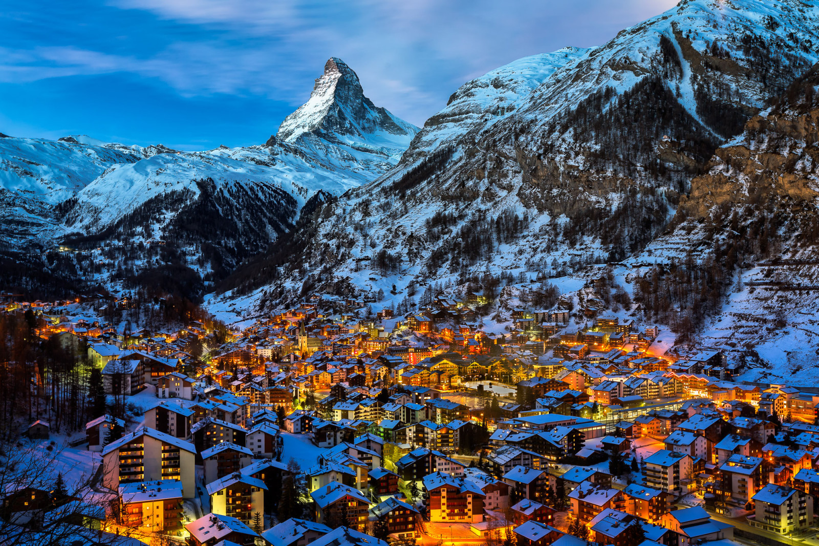 neve, la sera, Svizzera, inverno, luci, montagne, Alpi, villaggio