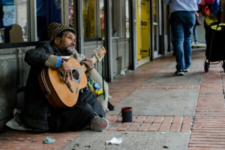 guitarra, personas, calle