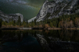 lake, mountains, night, stars, the sky, trees