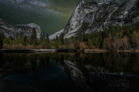 lago, montanhas, noite, estrelas, o céu, árvores