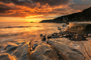 panorama, Farol, mar, pôr do sol