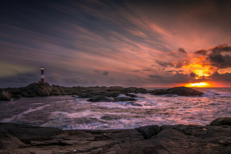 Faro, mare, tramonto, la sera