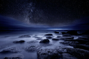 night, sea, shore, stars, stones, the sky