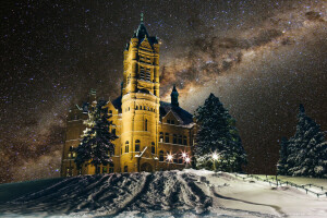 Crouse College, luces, Nueva York, noche, nieve, espacio, estrellas, Siracusa