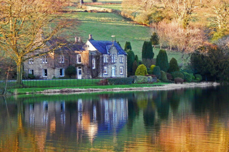 autumn, house, lake, slope, trees