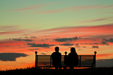 bank, wolken, gloed, paar-, de avond, de lucht