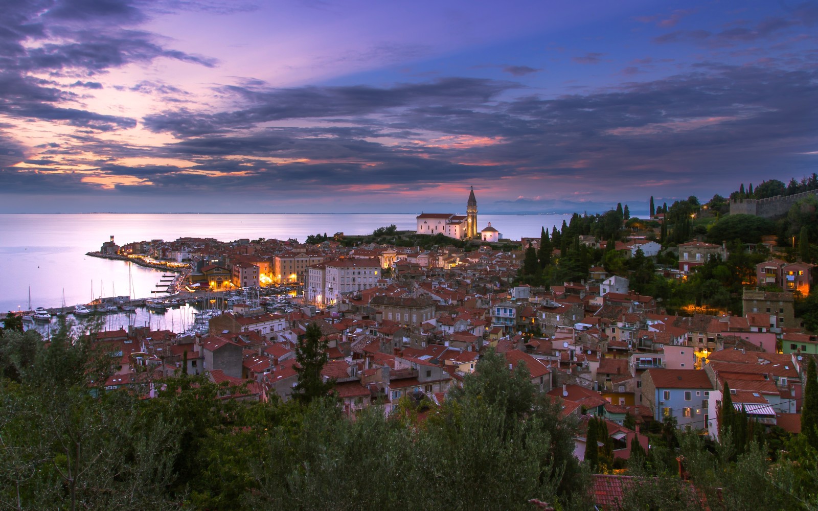 solnedgång, hav, panorama, byggnad, kust, Adriatiska havet, Adriatiska havet, slovenien