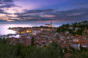 Adriatische Zee, gebouw, kust, Golf van Piran, panorama, Piran, Piran Bay, zee