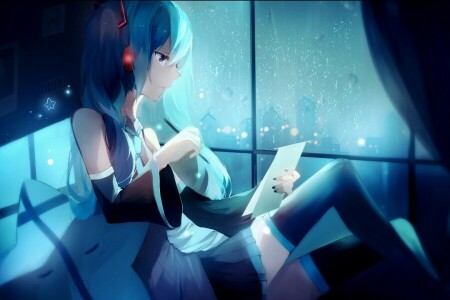 anime, art, girl, hatsune miku, Headphones, home, lococo, night