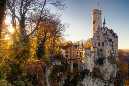 осень, замок, Германия, солнце, деревья