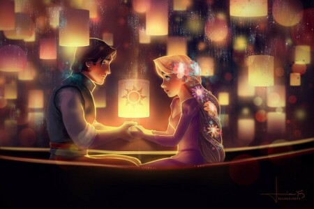 art, flowers, Flynn Rider, girl, guy, kelogsloops, lanterns, night