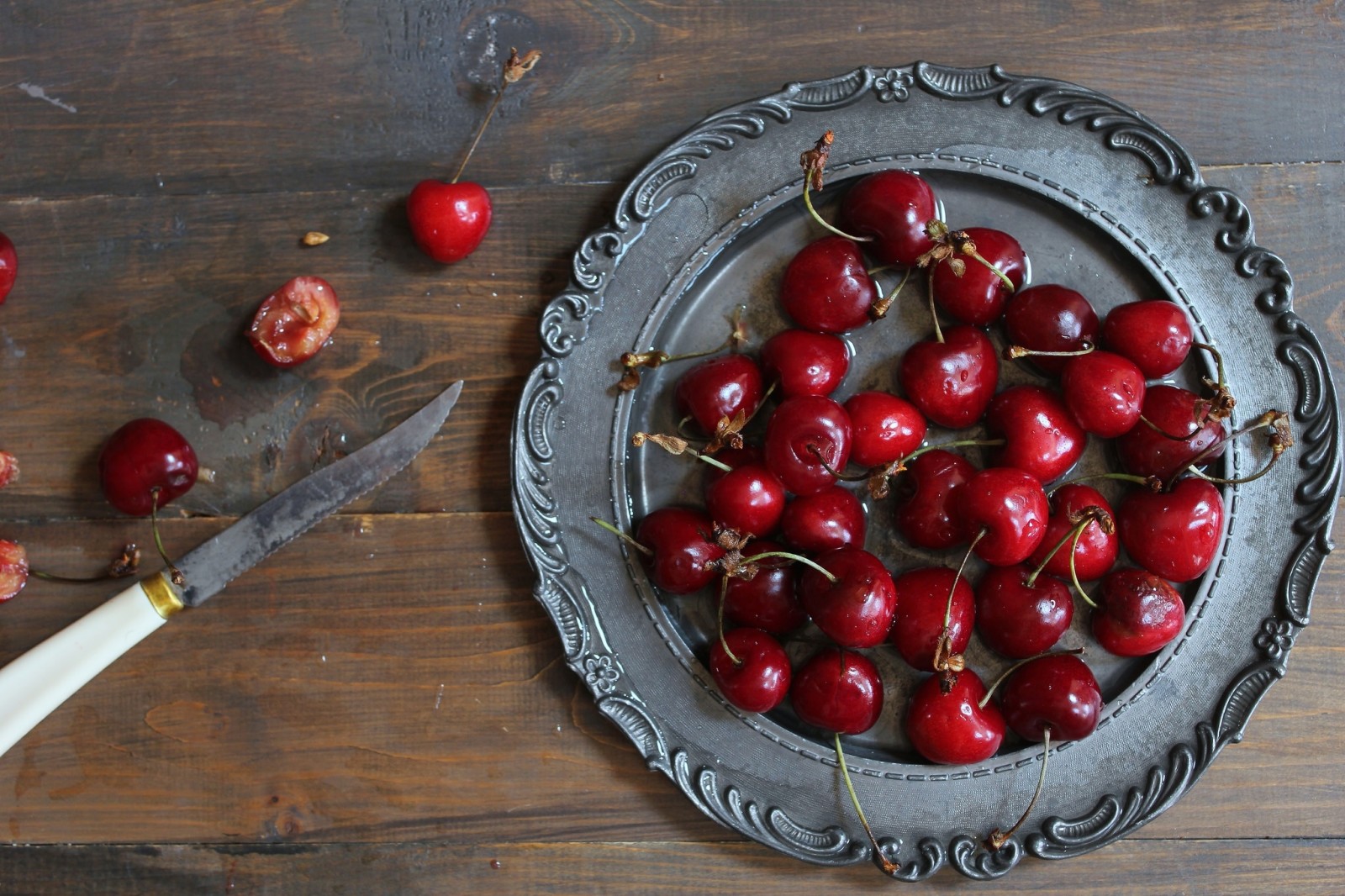 berries, Cherry, knife, dish