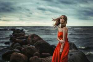 Alena, beach, beautiful, BEAUTY, blue, clouds, cold, cute