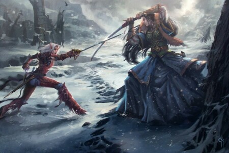 art, battle, Elf, girls, snow, sword