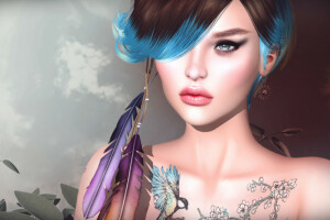 background, face, feathers, girl, hair