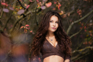 SCHOONHEID, blouse, bokeh, takken, brunette, kapsel, bedenken, natuur