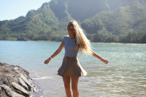 face, figure, girl, hair, Joy, lake, skirt, summer