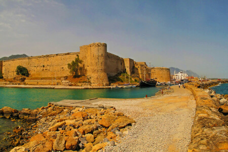 coast, Cyprus, fortress, Kyrenia, landscape, sea, ships, stones