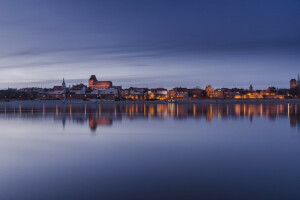 Biserică, biserici, oraș, lumini, reflecţie, râu, orașul