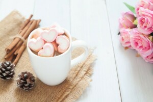 bouquet, cacao, tasse, cœurs, chocolat chaud, guimauves, rose, romantique