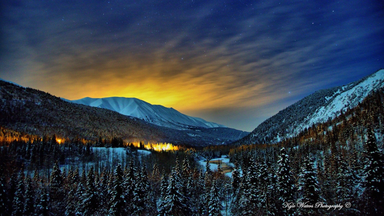 nieve, bosque, invierno, paisaje, Canadá, noche, resplandor