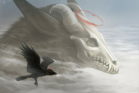 art, bird, Fiction, flight, horns, raven, skull, the sky