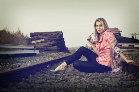 blonde, girl, glasses, look, rails, sleepers