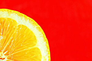 citron, macro, minimalisme, fond rouge, tranche