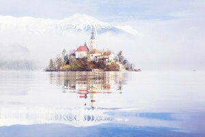 Blutete, Kirche, Zuhause, Insel, See, Berge, Slowenien, Schnee