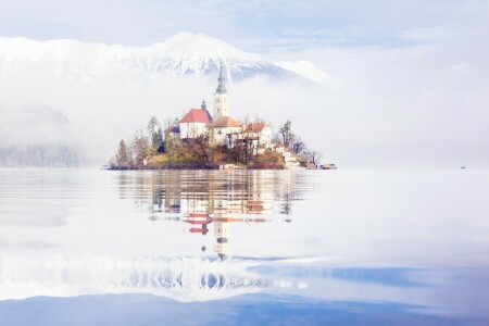 Bled, Igreja, casa, ilha, lago, montanhas, Eslovênia, neve