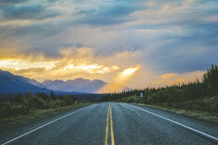 clouds, mountains, road, Sign, sunlight