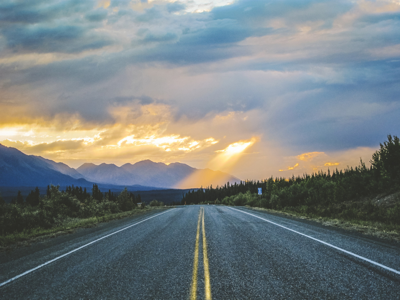 road, clouds, mountains, Sign, sunlight