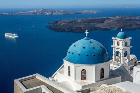 Aegean Sea, Church, Greece, Imerovigli, Islands, Liner, Santorini, sea