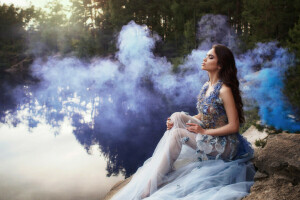 girl, lake, smoke