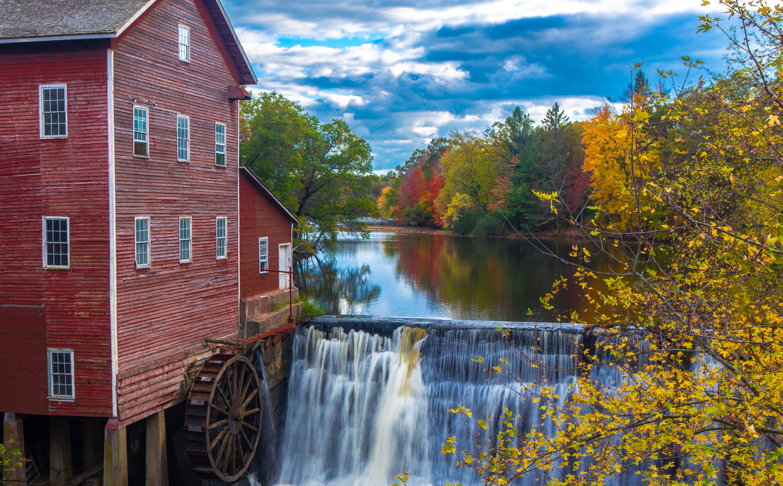 autumn, forest, the sky, house, river, trees, waterfall, wheel