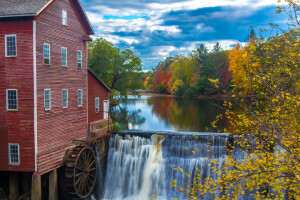 l'automne, barrage, forêt, maison, rivière, Le ciel, des arbres, Moulin à eau