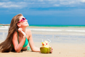 plage, cheveux bruns, fille, poil long, profil, le sable, maillot de bain, le vent