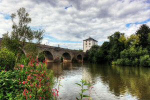 båge, Bro, moln, blommor, Tyskland, Limburg an der Lahn, flod, Stöd