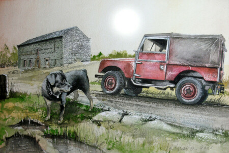 dog, figure, Land Rover, Machine, Painting, road, Series 1, SUV