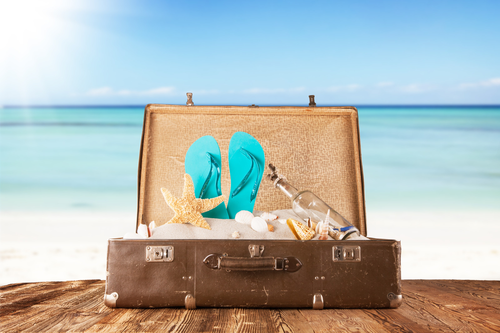 sea, Board, bottle, sand, shell, suitcase, starfish, slates