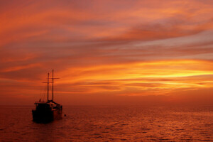 barco, mar, la noche, el cielo