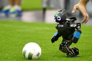 minge, fotbal, mână, robot