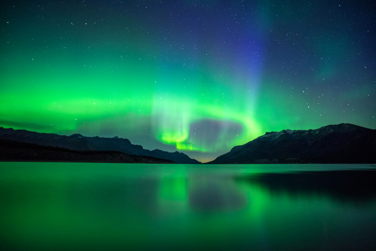 lago, Canadá, Albert, luces, noche, montañas, estrellas, Abrahán