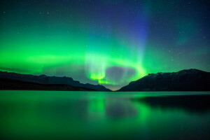 Abrahán, Albert, Canadá, lago, luces, montañas, noche, estrellas